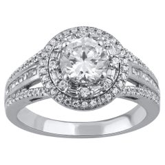 TJD 1.50 Ct Round & Baguette Diamond 18 Karat White Gold Double Frame Halo Ring