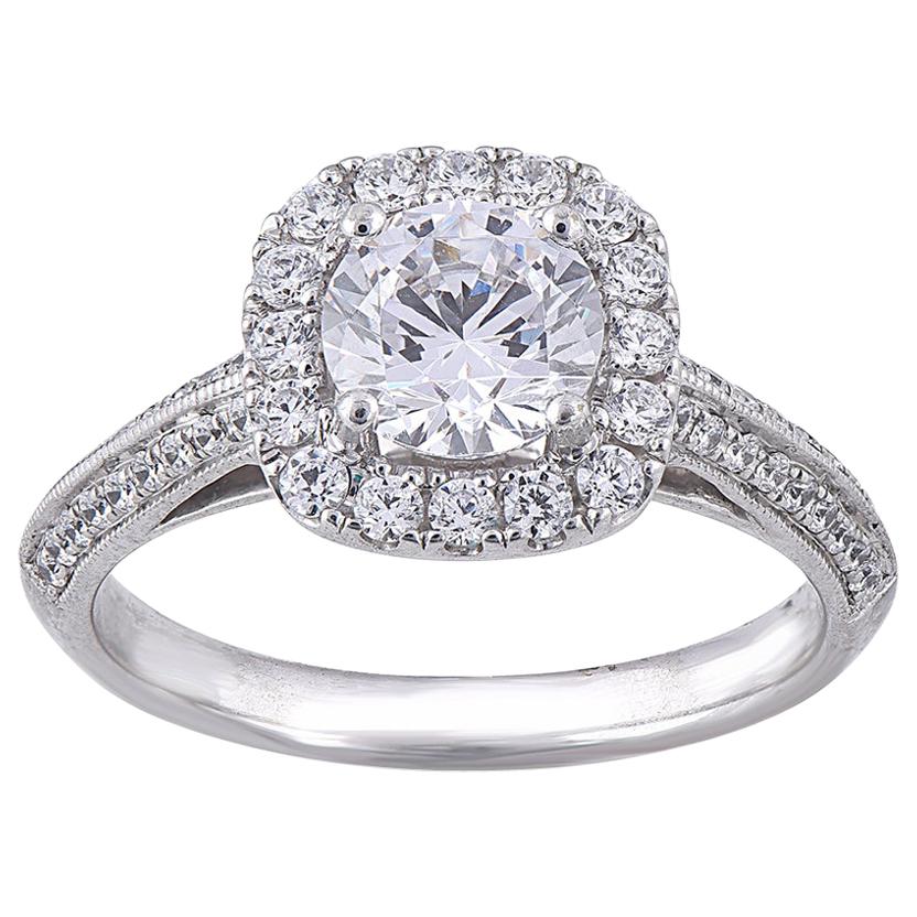 TJD 1.50 Ct Round Diamond 18 Karat White Gold Cushion Shape Halo Engagement Ring For Sale