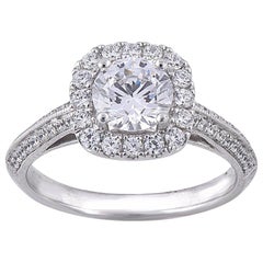 TJD 1.50 Ct Round Diamond 18 Karat White Gold Cushion Shape Halo Engagement Ring