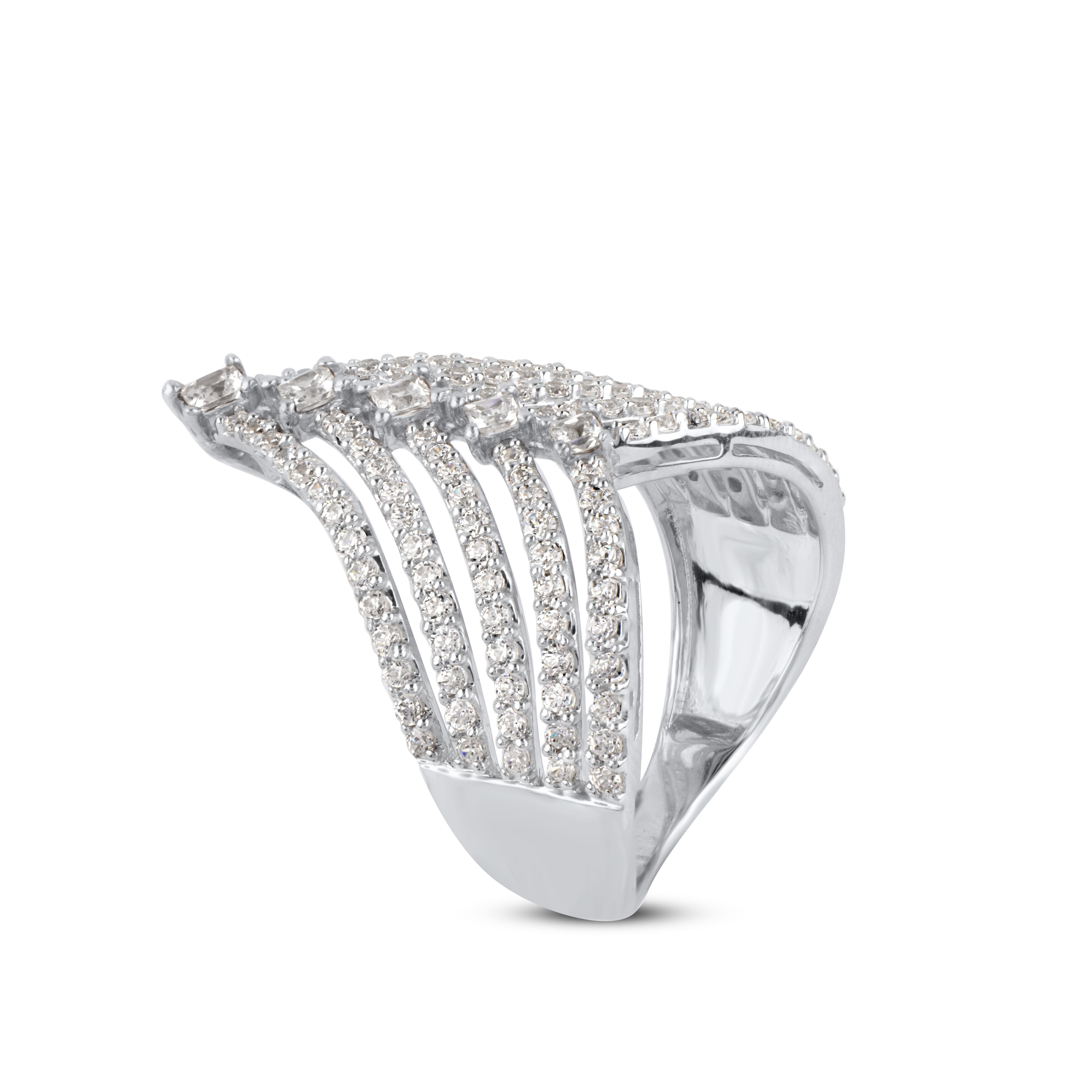 Art Deco TJD 1.50Carat Round and Princess-cut Diamond 14K White Gold Multi-row tiara Ring For Sale