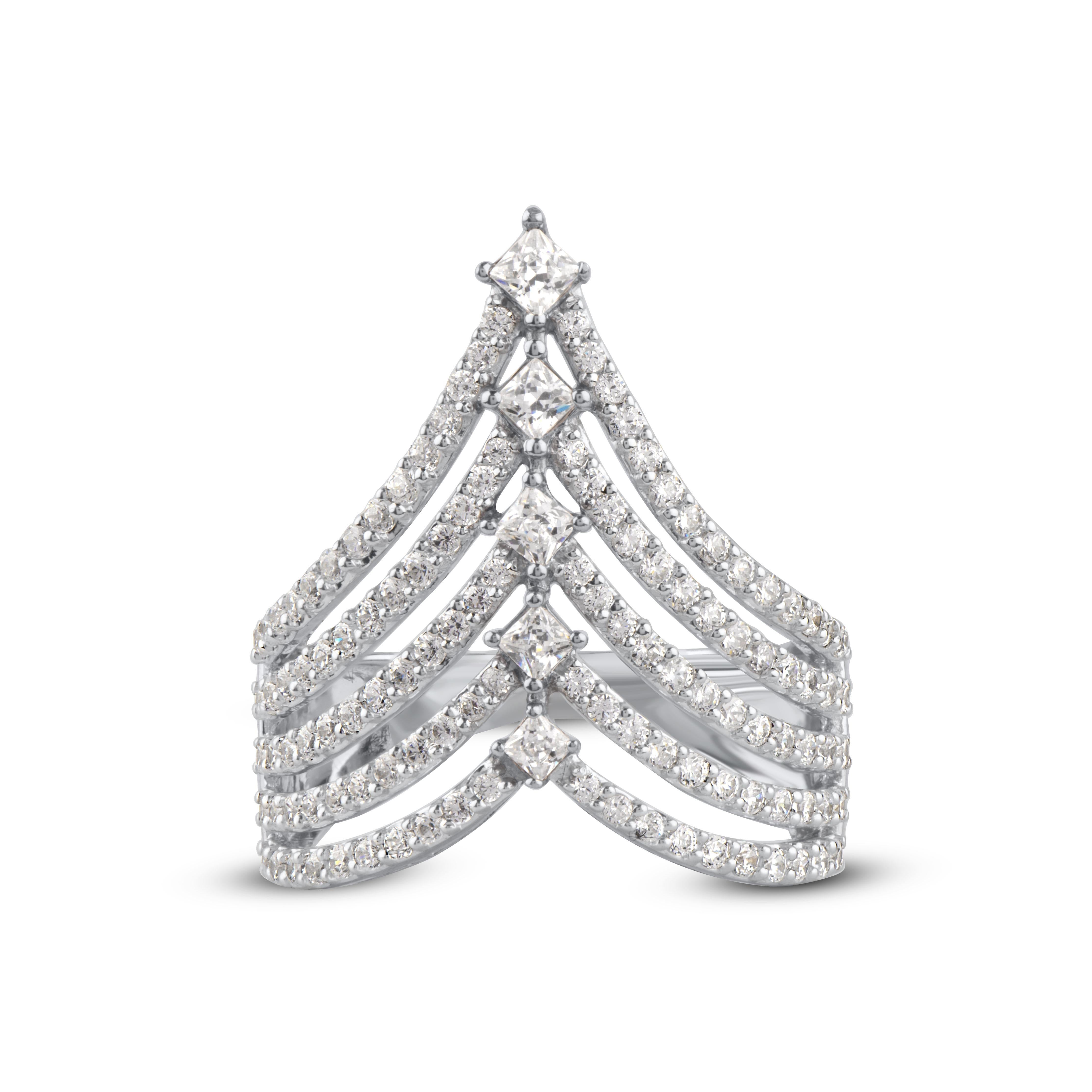 Treat your princess with this dazzling diamond multi-row diamond tiara ring that perfectly fits her style. The ring is crafted by our inhouse experts in 14 karat white gold and studded with 120 brilliant round and 5 princess-cut diamond set in prong