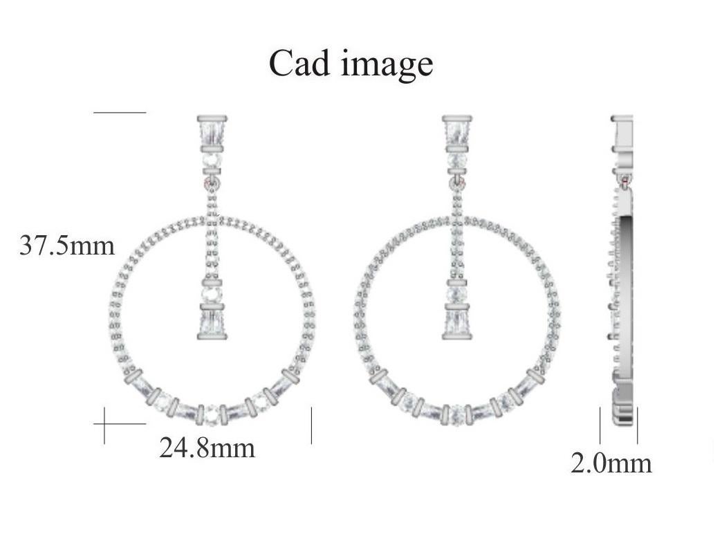 Simply chic, these diamond drop earrings fit any occasion with ease. With 1.50 carat Round Brilliant diamonds dangle drop earrings have 112 round brilliant abd 16 baguette-cut diamond set in prong and channel setting. These sparkling earrings secure