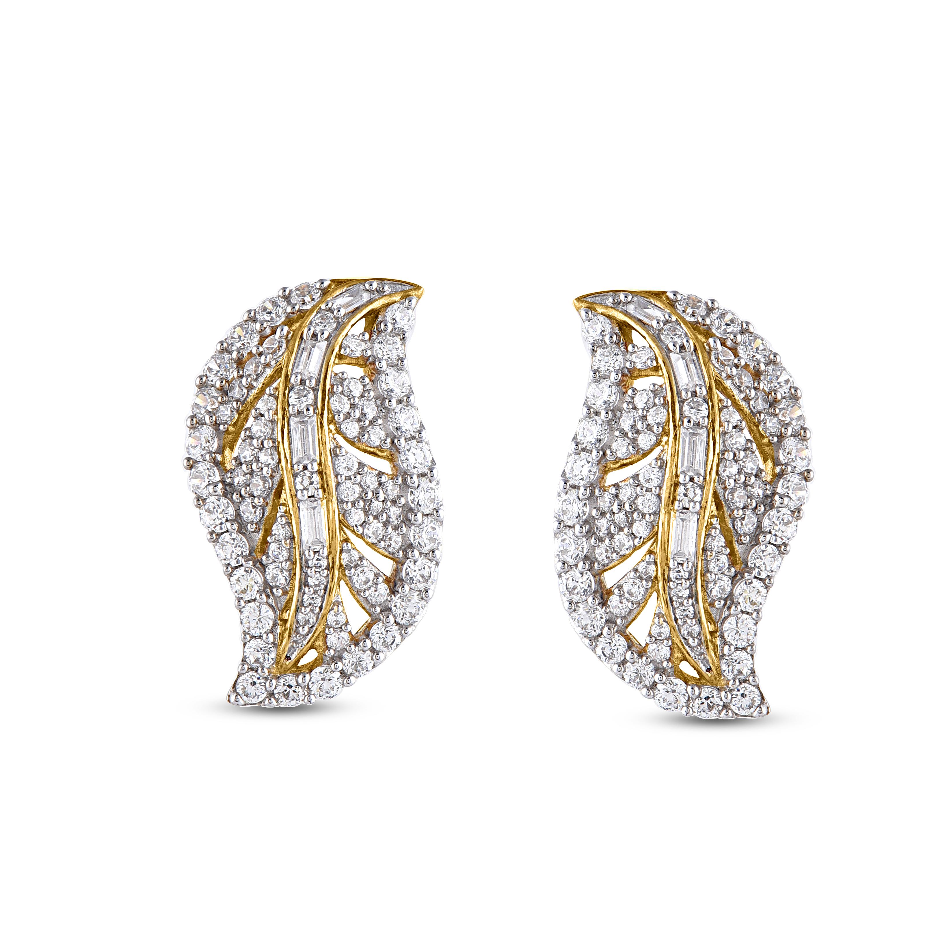 Simply chic, these diamond stud earrings fit any occasion with ease. With 1.50 carat srud earrings have 134 round and 8 baguette diamond set in prong and pave setting. These sparkling leaf shaped stud earrings secure comfortably with post backs.