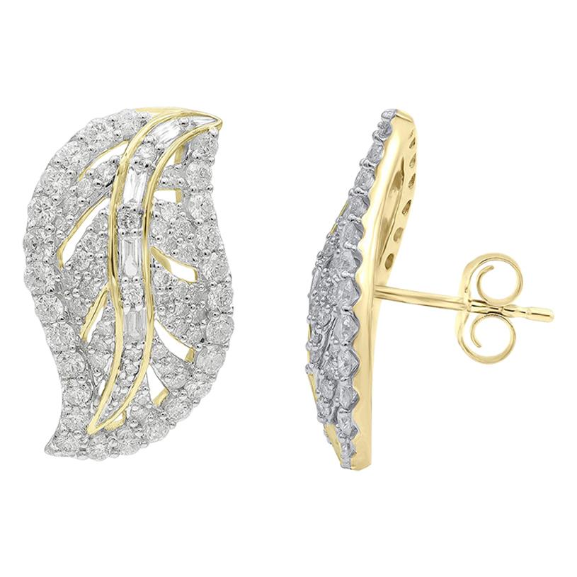 TJD 1.50Carat Round & Baguette Diamond 14K Yellow Gold Leaf Shaped Stud Earrings For Sale