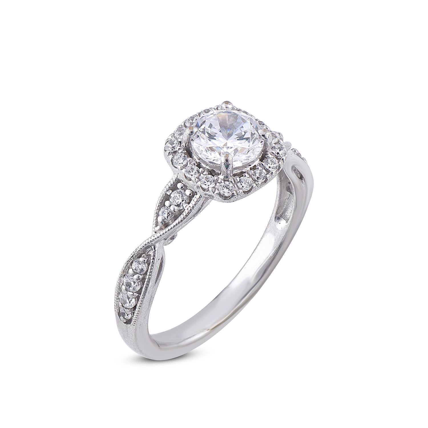 Classic and Contemporary, this diamond ring will enhance her jewelry collection. Embellished in 31 round diamond with 0.80 ct of center stone and 0.78 ct of diamond frame and twisted shank embellished beautifully in prong setting. Hand crafted