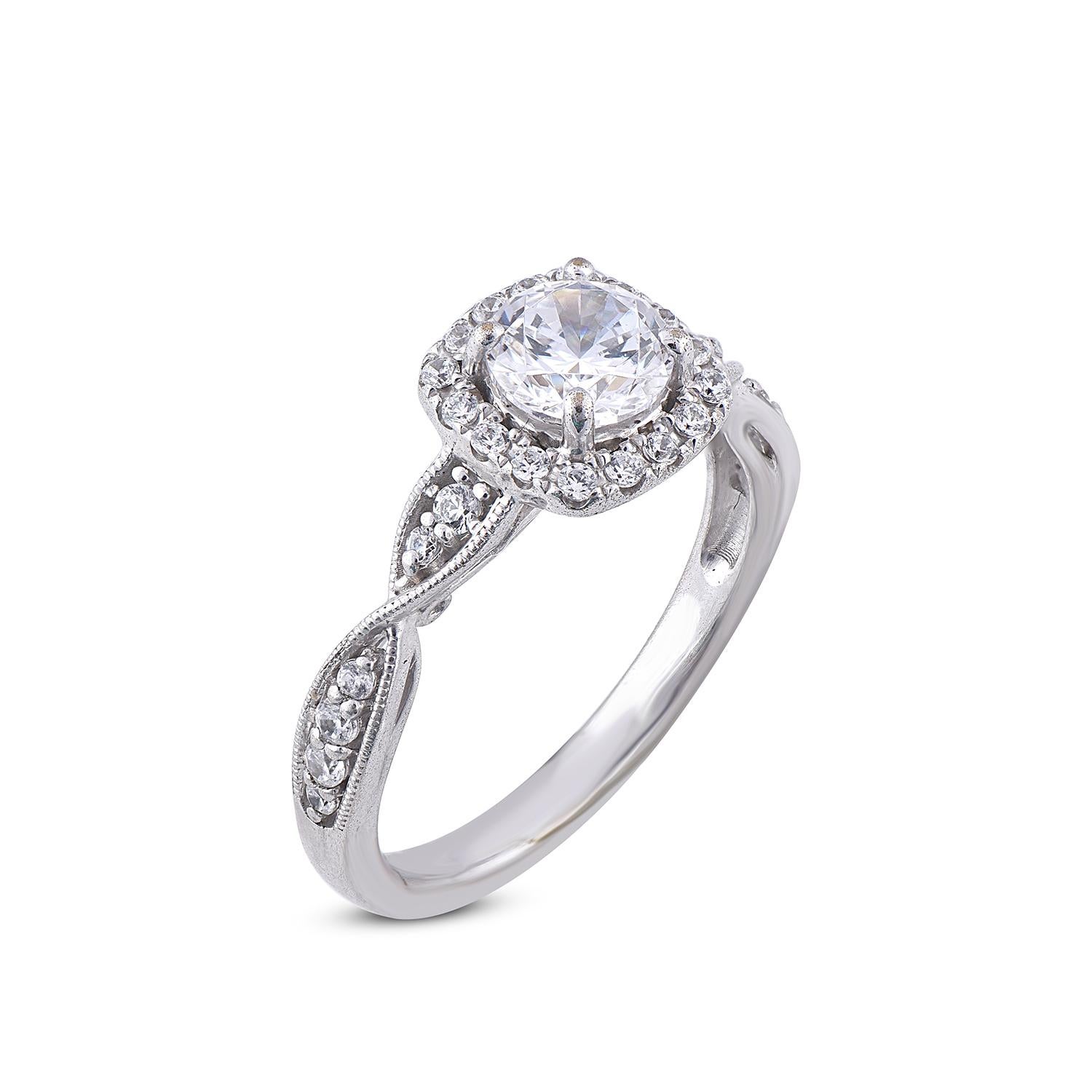 Classico e contemporaneo, questo anello con diamante arricchirà la sua collezione di gioielli. Impreziosito da 31 diamanti rotondi con pietra centrale da 0,80 carati e cornice di diamanti da 0,78 carati e gambo ritorto impreziosito da una splendida