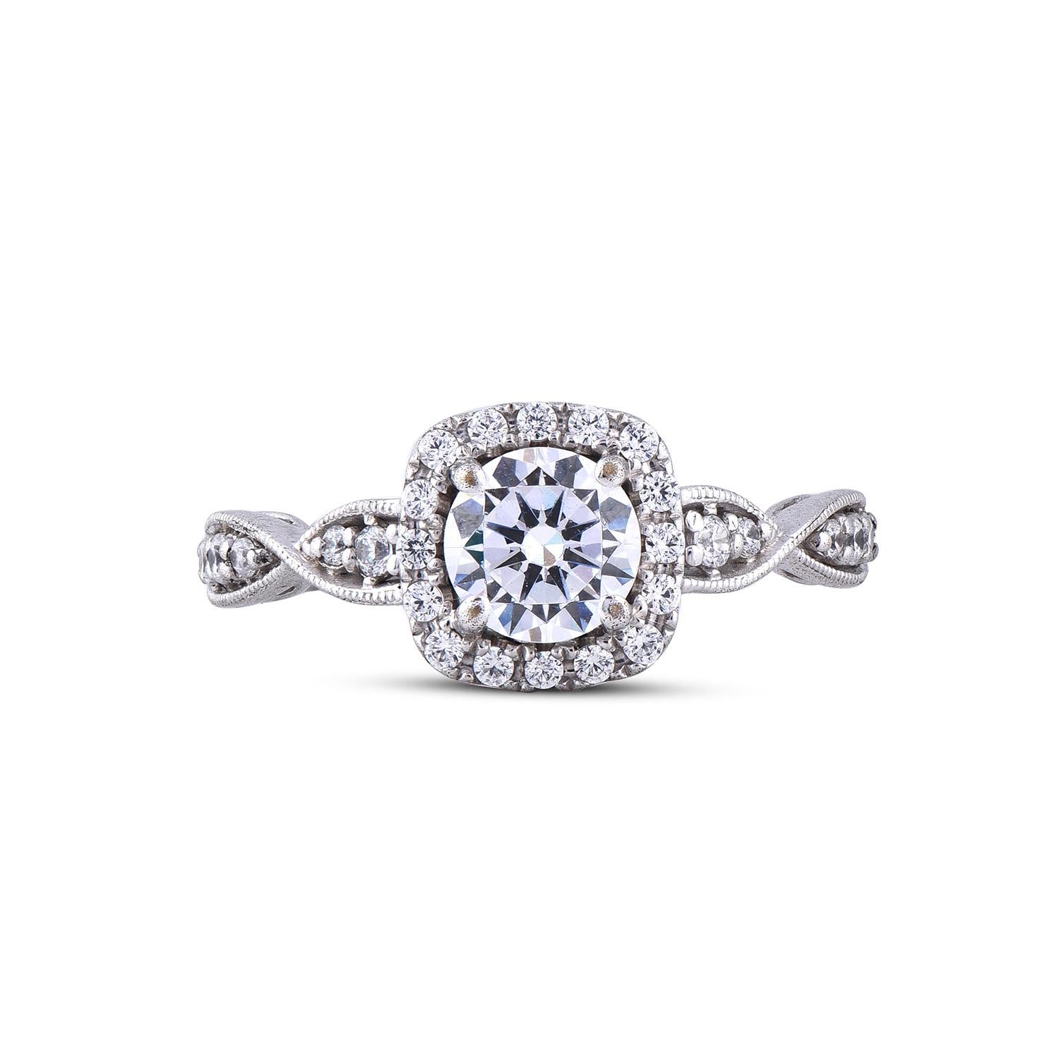 Art Déco TJD 1,58 carati di diamanti rotondi in oro bianco 18KT con gambo ritorto e anello a forma di cuscino Halo in vendita