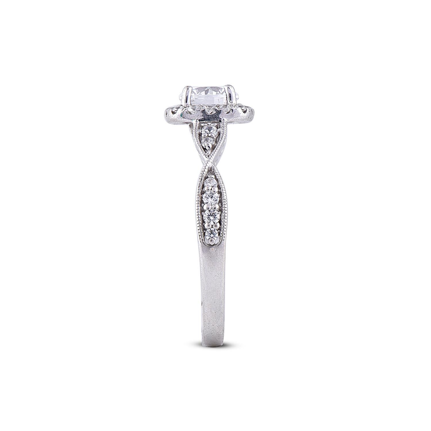 TJD 1.58 Ct Round Diamond 18KT White Gold Twisted Shank Cushion Shape Halo Ring In New Condition For Sale In New York, NY