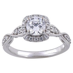 TJD 1.58 Ct Round Diamond 18KT White Gold Twisted Shank Cushion Shape Halo Ring