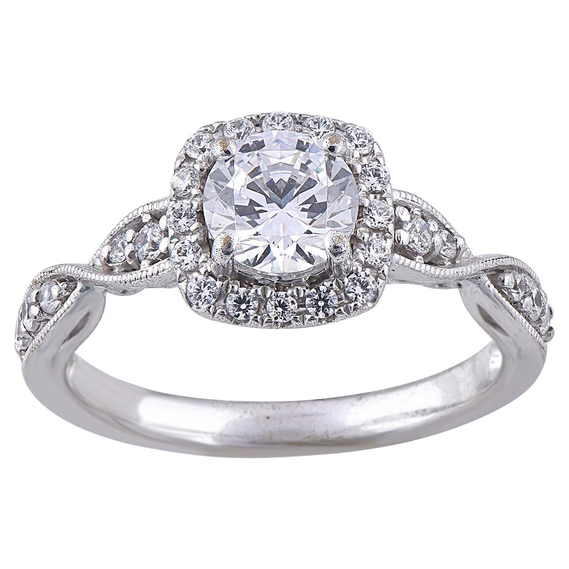 TJD 1.58 Ct Round Diamond 18KT White Gold Twisted Shank Cushion Shape Halo Ring For Sale
