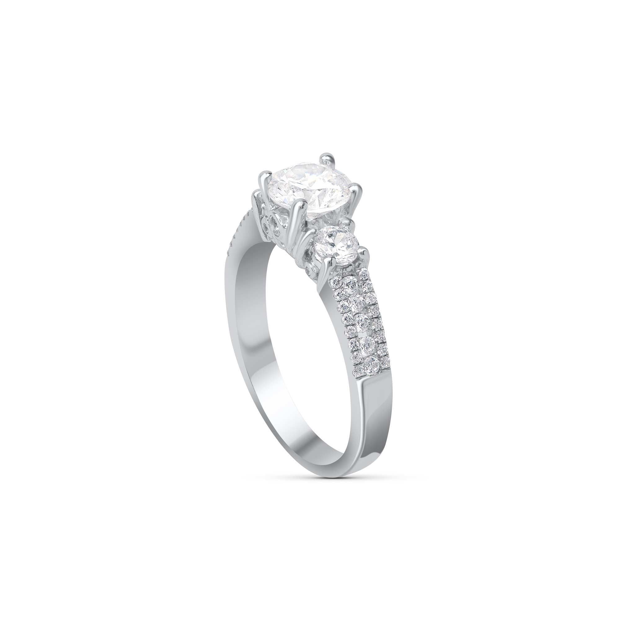 Modern TJD 1.60 Carat Diamond 18 Karat White Gold 3-Stone Vintage Engagement Ring For Sale