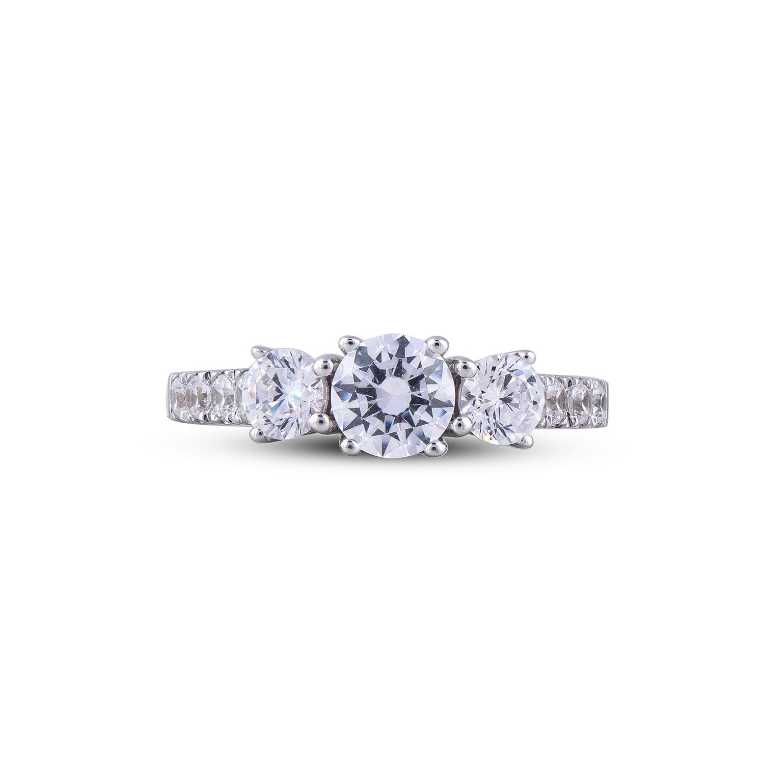 Round Cut TJD 1.70 Carat 18 Karat white Gold Diamond 3 Stone Bridal Engagement Ring For Sale
