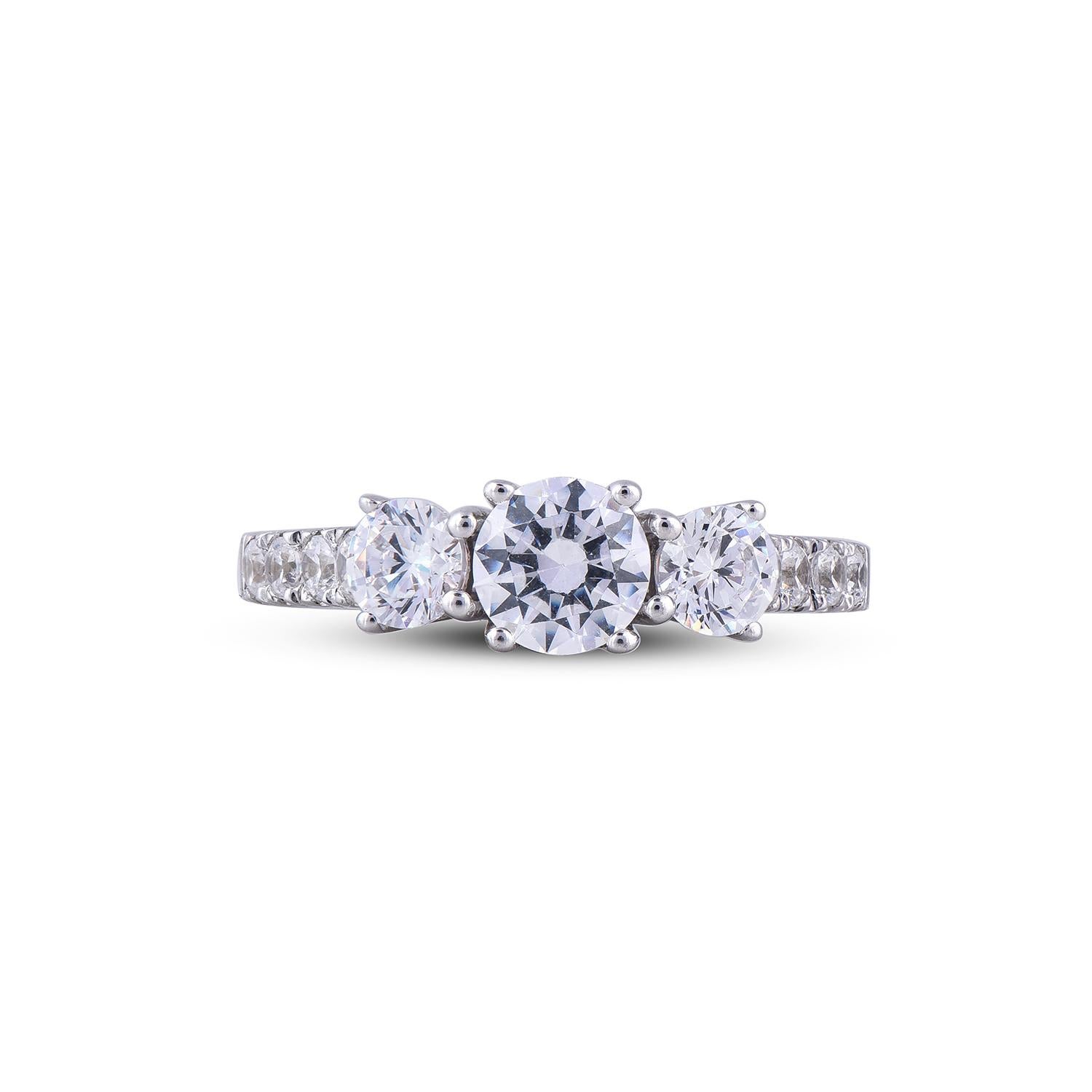 Art Deco TJD 1.70 Carat 18 Karat white Gold Diamond 3 Stone Bridal Engagement Ring For Sale