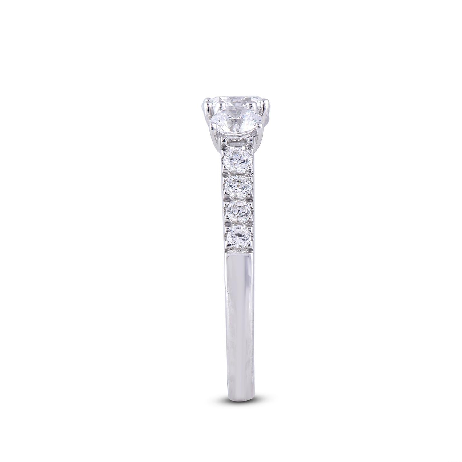 Round Cut TJD 1.70 Carat 18 Karat white Gold Diamond 3 Stone Bridal Engagement Ring For Sale