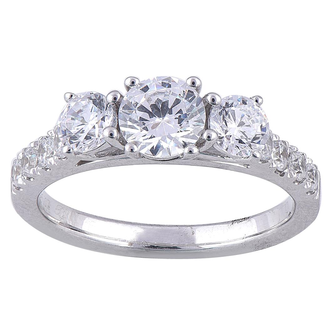 TJD 1.70 Carat 18 Karat white Gold Diamond 3 Stone Bridal Engagement Ring For Sale