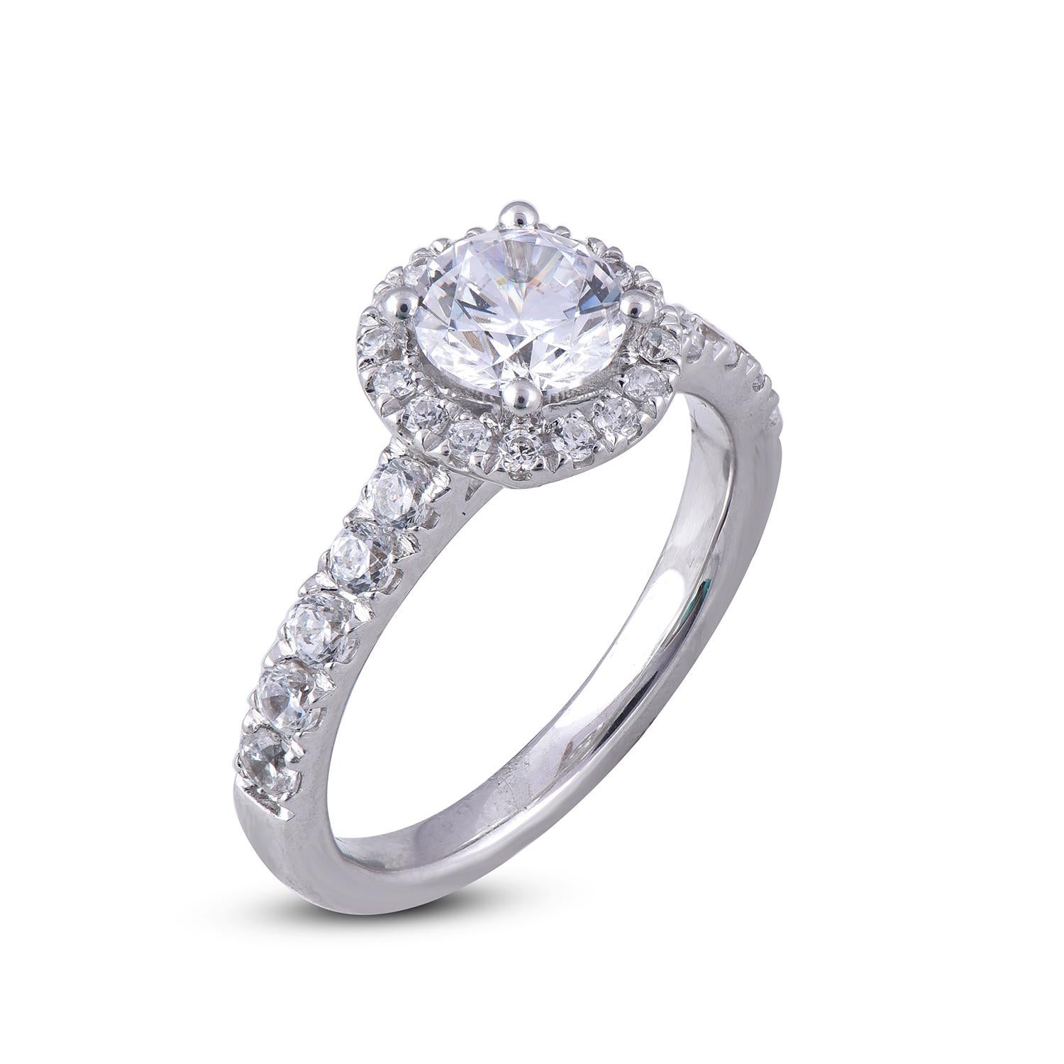 Beautifully studded with 27 natural white diamonds in prong setting and designed in 18 karat white gold with 1.00ct of center stone and 0.70ct of diamonds lined on frame and shank. The diamonds are graded G-H Color and SI1 -2 Clarity.
