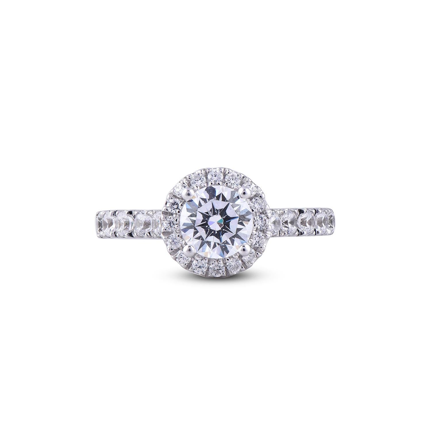 Round Cut TJD 1.70 Carat Round Diamond 18 Karat White Gold Halo Engagement Bridal Ring For Sale