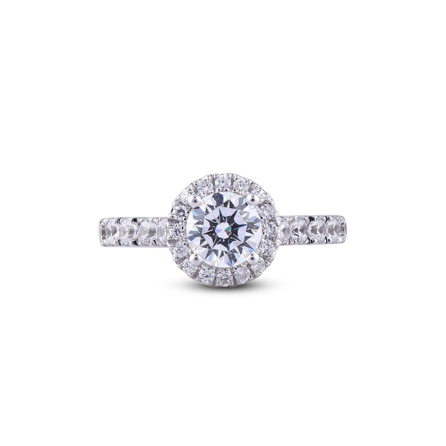 Art Déco TJD 1,70 carati di diamante rotondo in oro bianco 18 carati: anello di fidanzamento a forma di aureola in vendita