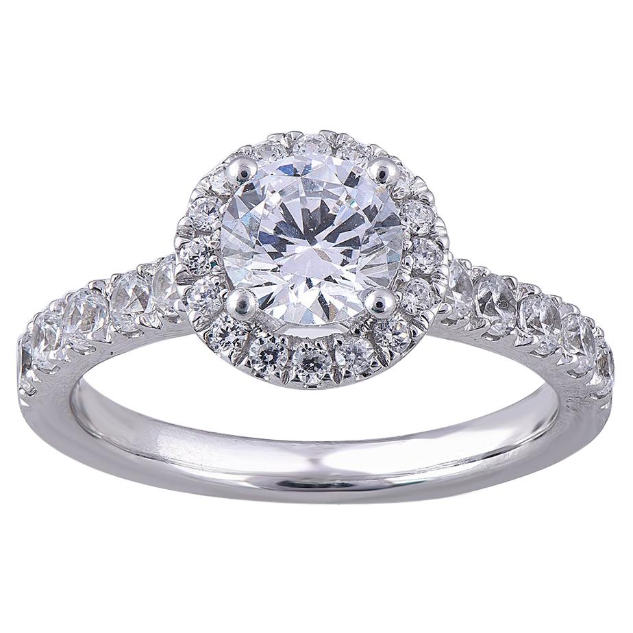 TJD 1.70 Carat Round Diamond 18 Karat White Gold Halo Engagement Bridal Ring For Sale