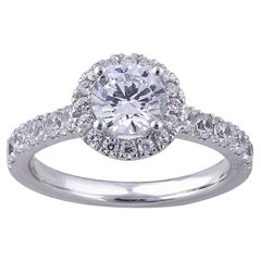 TJD 1.70 Carat Round Diamond 18 Karat White Gold Halo Engagement Bridal Ring