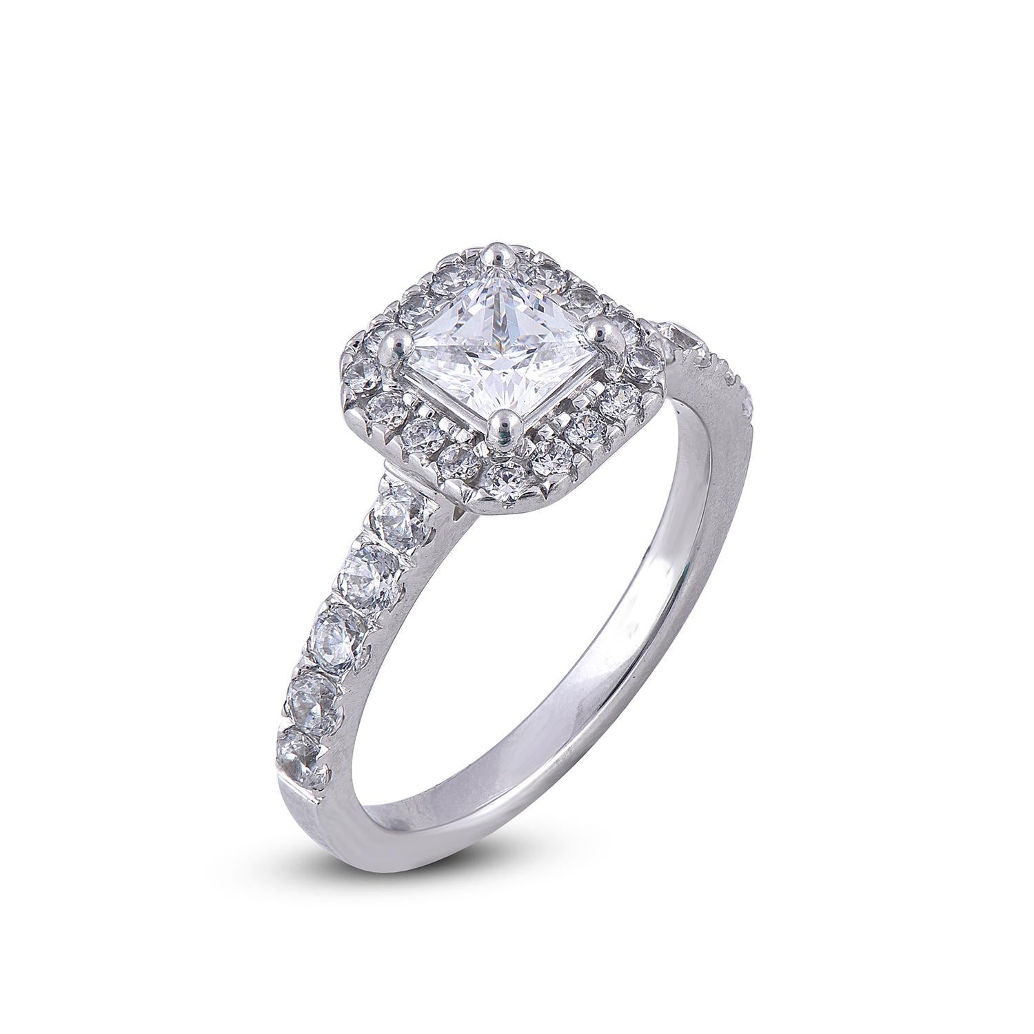 Hand-crafted by our in-house experts in 18 karat white gold with 1.00ct Princess center stone and 0.75ct of diamond lined on frame and shank studded with 26 round cut and 1 princess cut diamond set beautifully in prong and pave setting G-H Color,