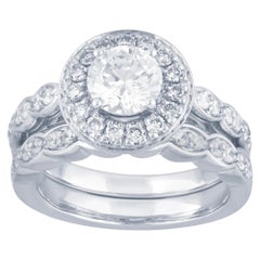TJD 1.75 Carat Round Diamond Halo Stackable Wedding Bridal Set 18K White Gold
