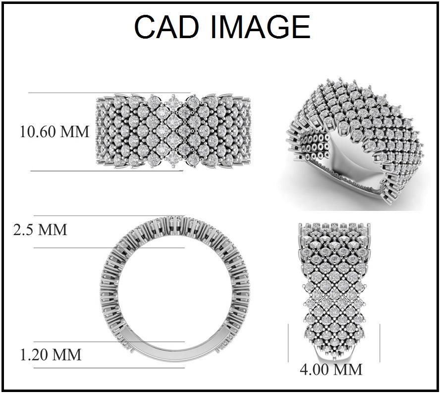 Deslumbrante de color y brillo, esta alianza ancha estilo art déco proclama su sofisticación. El anillo está fabricado en oro blanco de 14 quilates y presenta 128 diamantes redondos, engastados con garras, de color H-I y claridad I2, y un acabado