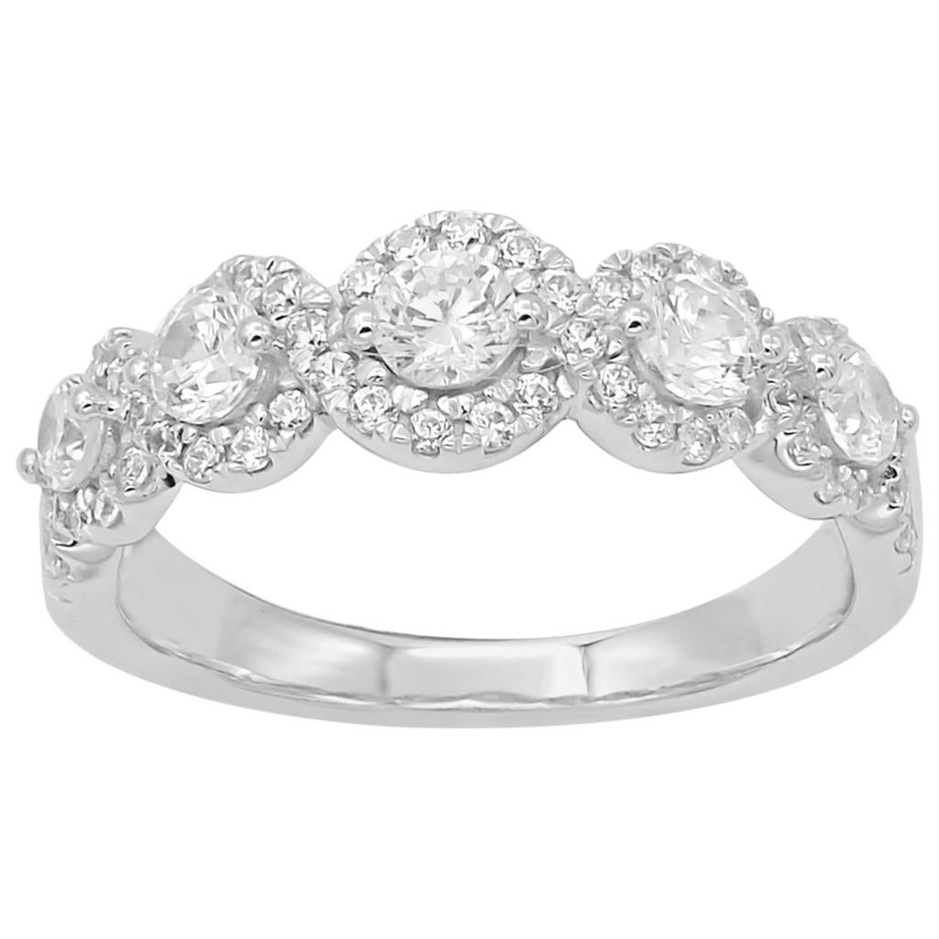 TJD 1Carat 5 Stone Round Diamond 14Karat White Gold Halo Wedding Engagement Band For Sale