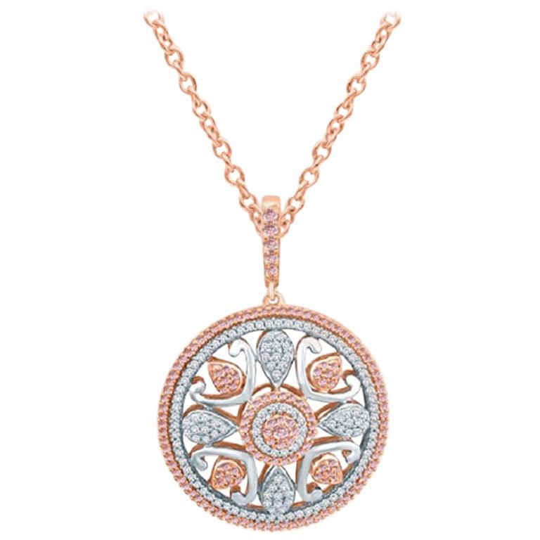 TJD 1Carat Pink & White Diamond 14Karat Rose Gold Art Deco Style Circle Pendant For Sale