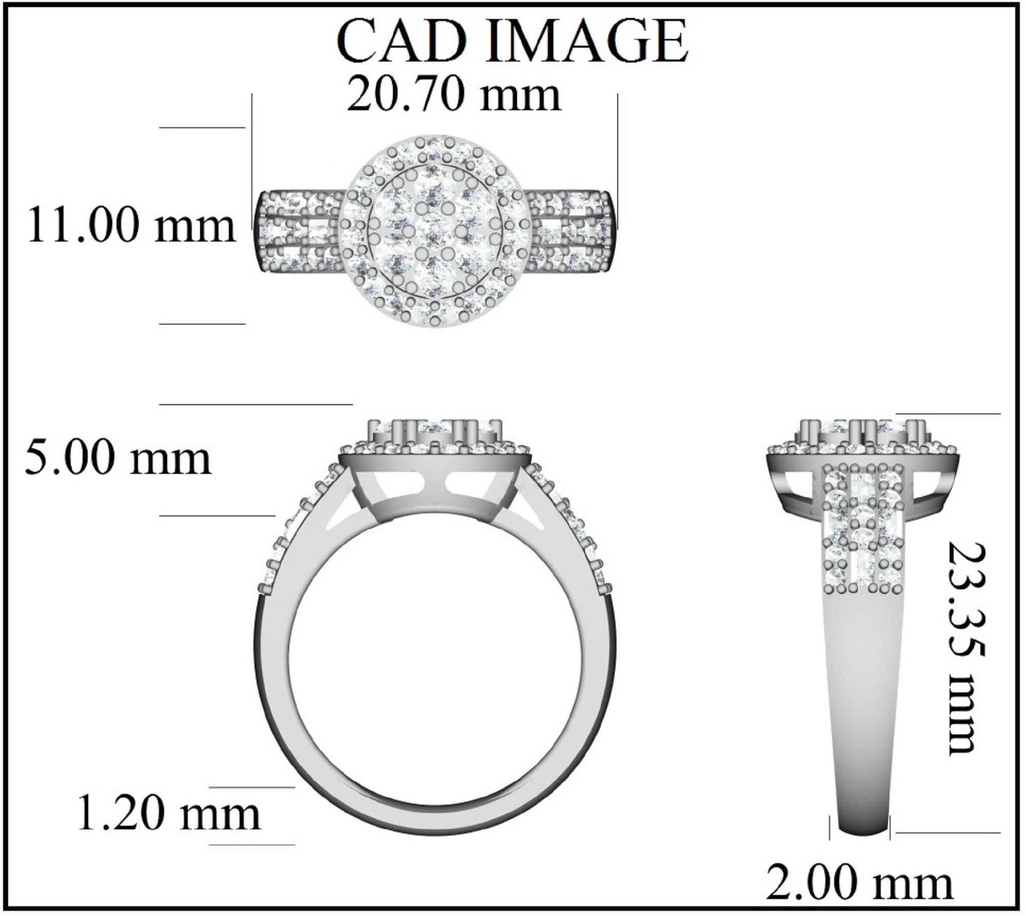 This Round Diamond Cluster Engagement Ring in 14K Solid White Gold showcases 1.00 carats of sparkling 46 round and 8 baguette-cut diamonds set in prong setting, H-I color I2 clarity. Featuring a fabulous cluster design and a highly polished gold