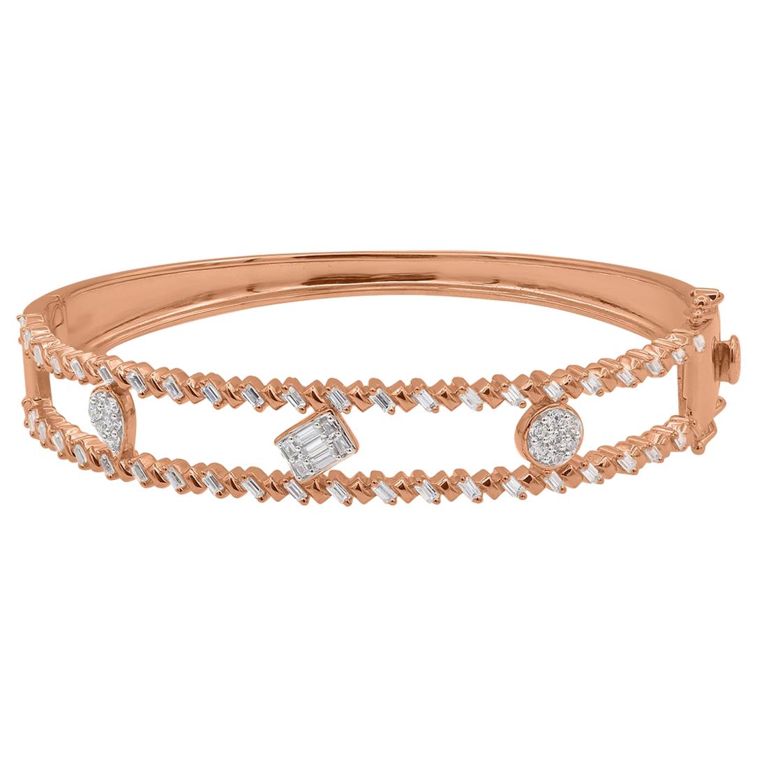 TJD 1Carat Round/Baguette Diamond 14K Rose Gold Designer Cluster Diamond Bangle