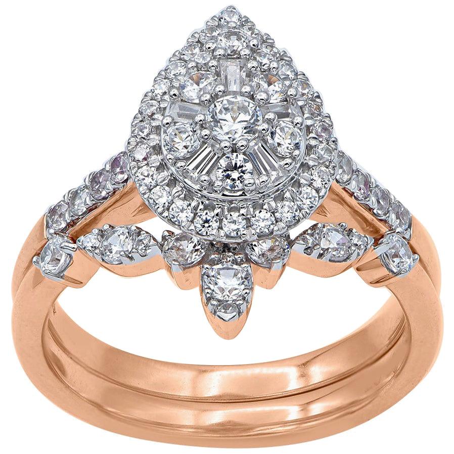 TJD 1 Carat Round & Baguette Diamond 14K Rose Gold Pear Shaped Bridal Set Ring For Sale