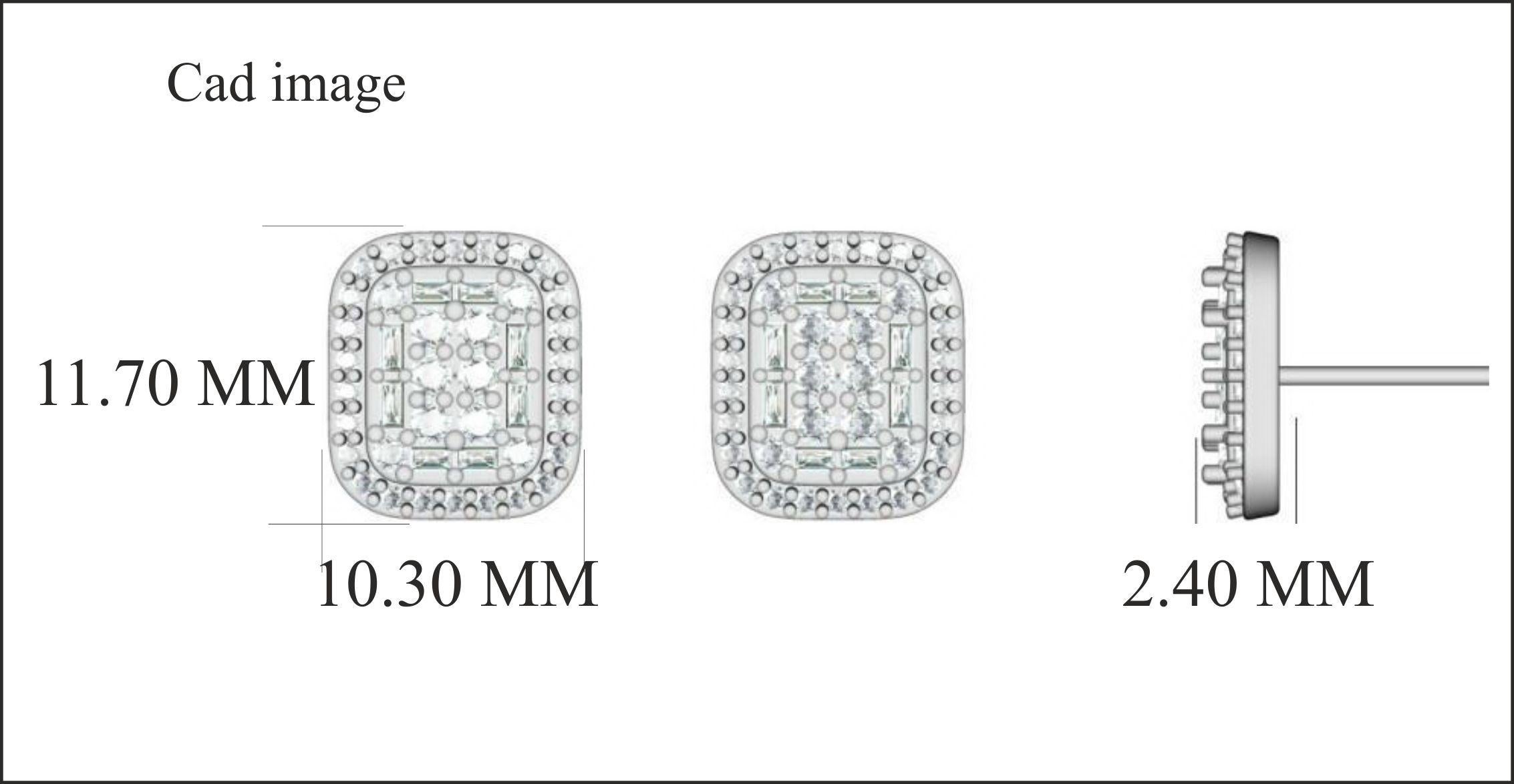 Bold and classic, these diamond stud earrings are a jewelry box must-have. Crafted in cool 14 karat white gold and studded with 72 round and 16 baguette  diamond set in prong setting and shines in H-I color I2 clarity. The earrings captivate with