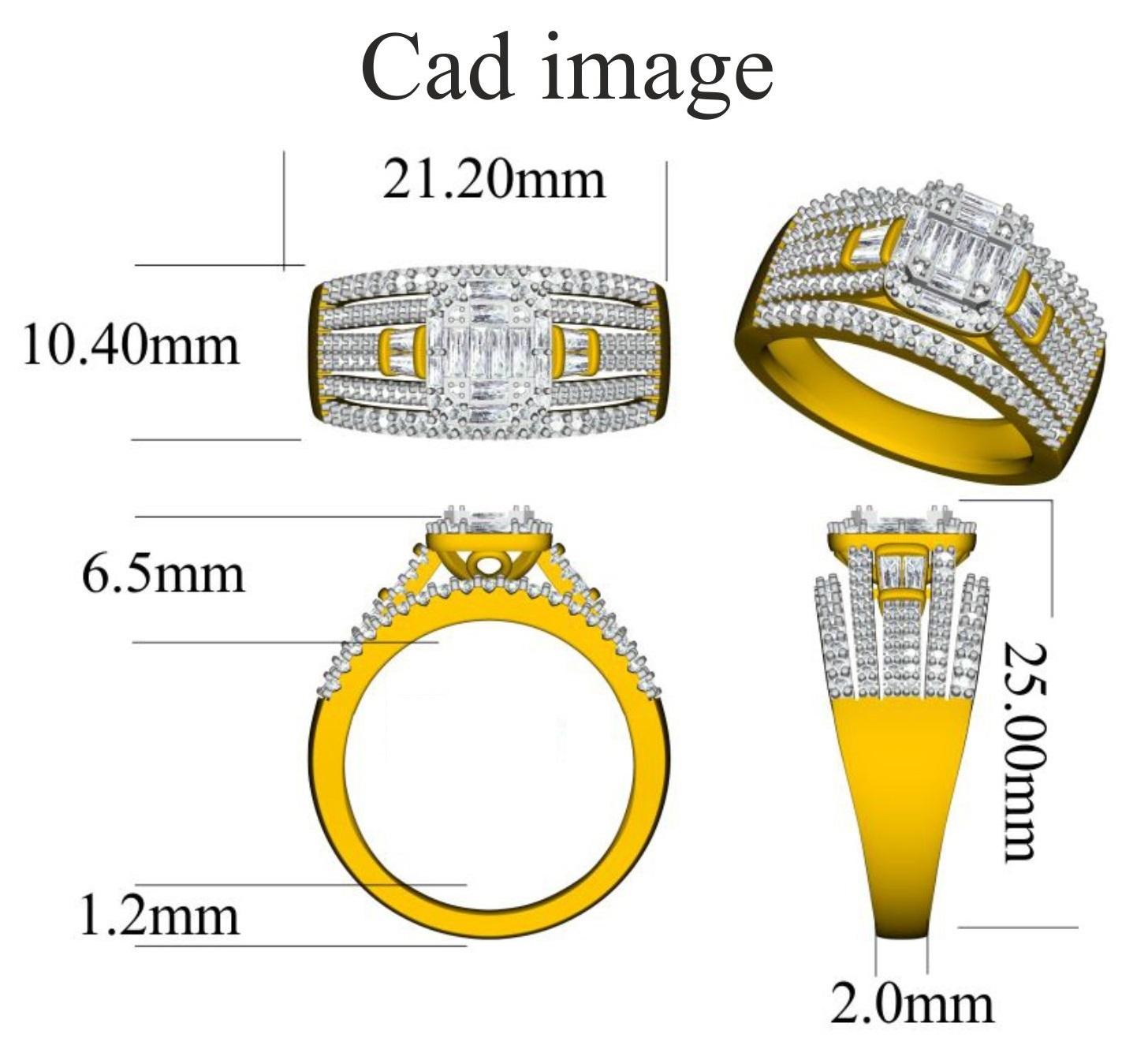 Dai un tocco di fascino al tuo look con questo anello con diamante. L'anello è realizzato in oro giallo a 14 carati e presenta 114 diamanti bianchi rotondi e 16 diamanti bianchi taglio Baguette, incastonati a Pave, Prong e Channel, di colore H-I e