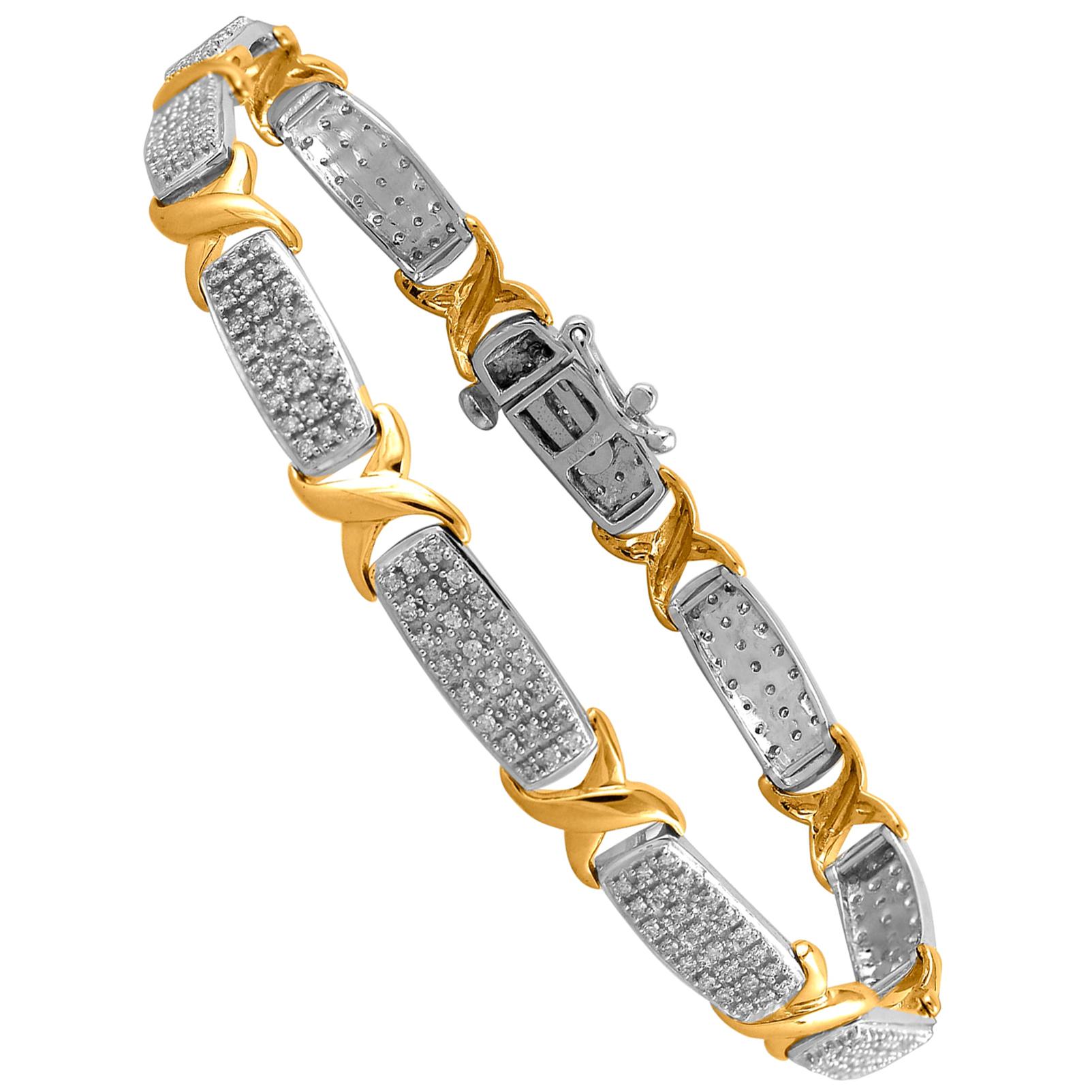 TJD 1Carat Round Diamond 14 Karat Two Toned Gold Alternating X Diamond Bracelet For Sale