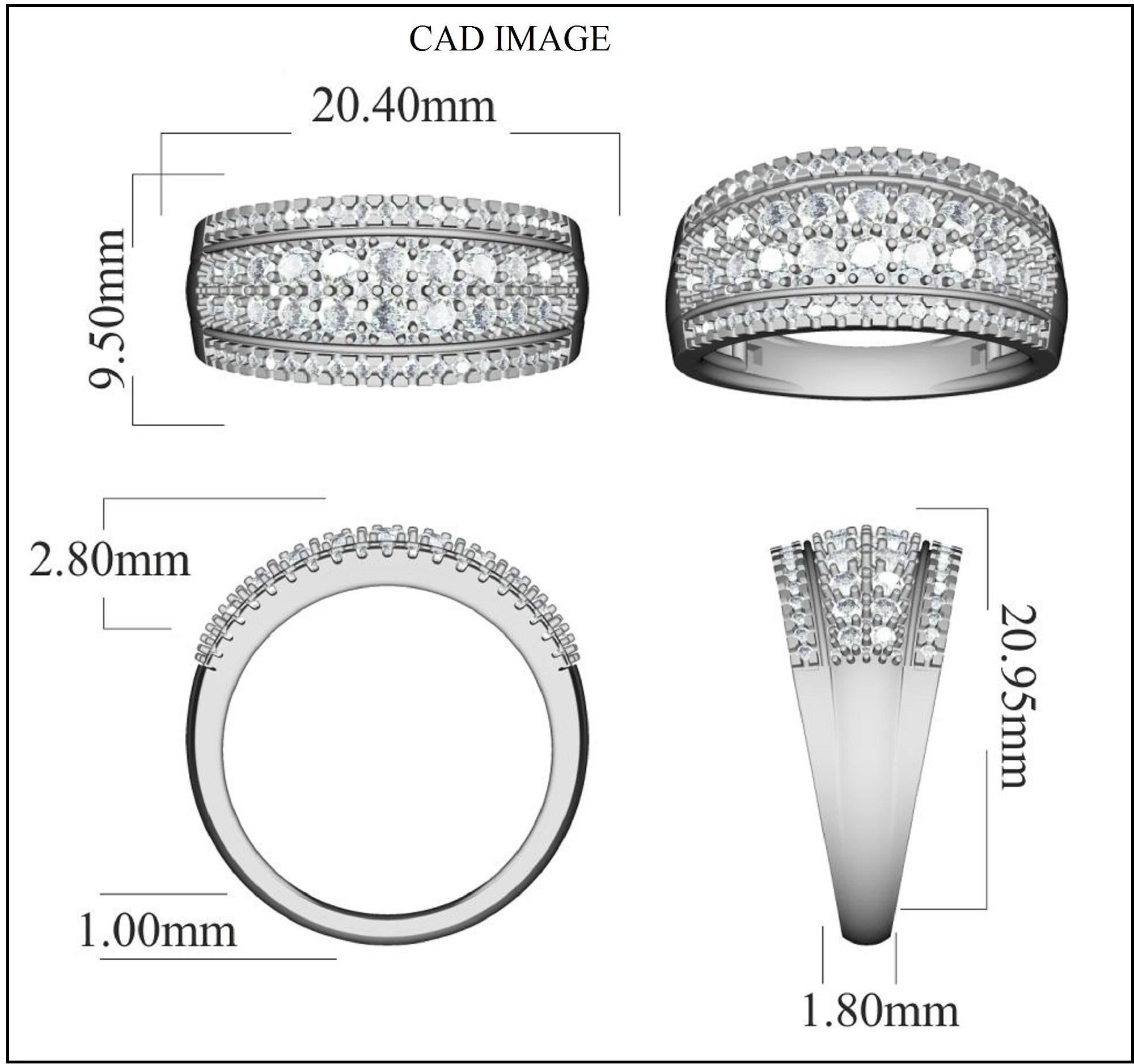 Truly exquisite, this  Multi row wide diamond  ring is sure to be admired for the inherent classic beauty and elegance within its design. The total weight of diamonds 1.00 carat, H-I color, I2 Clarity and studded with 96 round brilliant diamond set