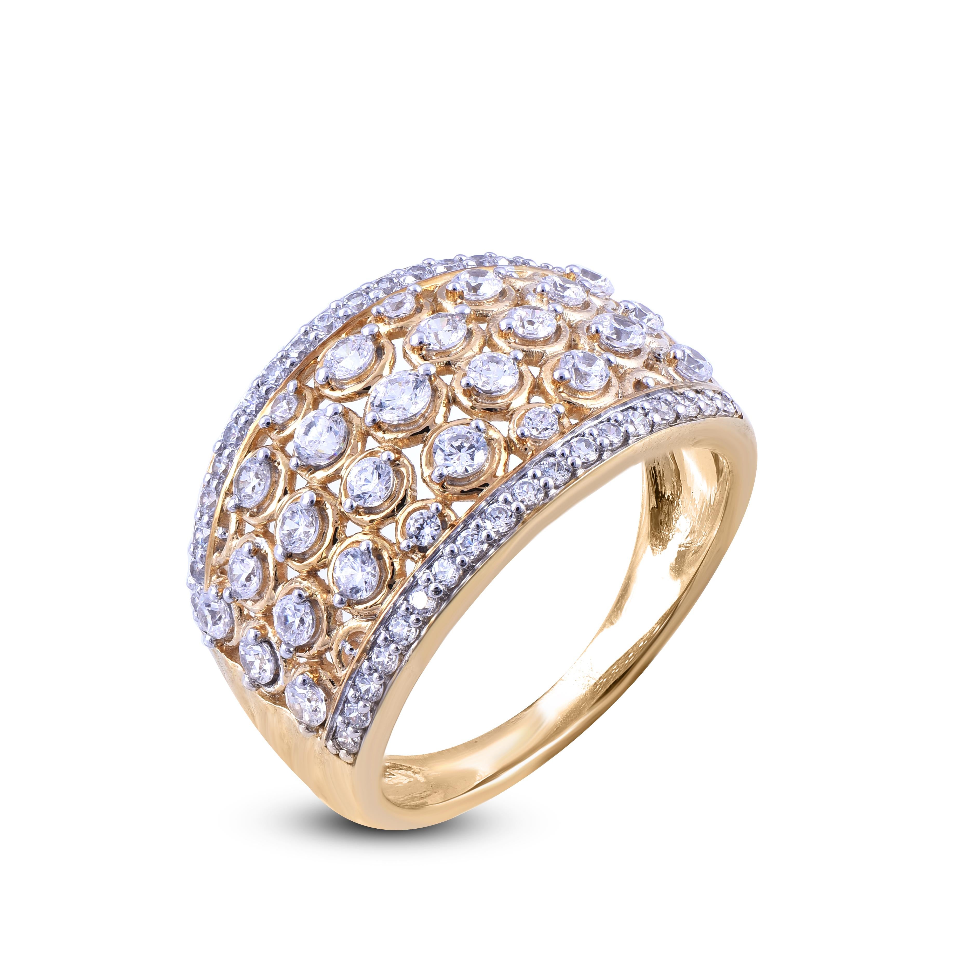 Beautiful Round Natural Diamond ring in 14 karat yellow gold. This ring is beautifully designed and features 63 round diamond set in pressure and prong setting. We only use 100% natural and conflict free diamond which shines in H-I Color and I2
