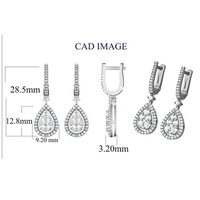 14 Karat White Gold diamond frame Drop Earrings With 92 Round Diamonds this pear shaped diamond earrings have 1.00 Carats of Round Brilliant set in prong setting, H-I color I2 clarity. These sparkling earrings secure comfortably with safety locks.
