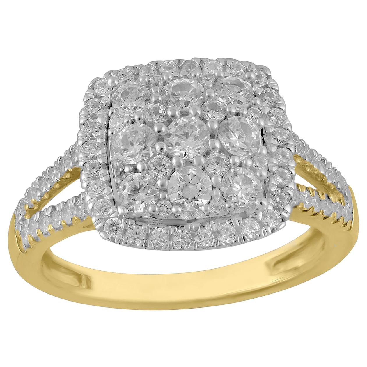 TJD 1Carat Round Diamond 14K YellowGold Cluster with Split Shank Engagement Ring For Sale