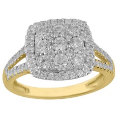 TJD 1Carat Round Diamond 14K YellowGold Cluster with Split Shank Engagement Ring