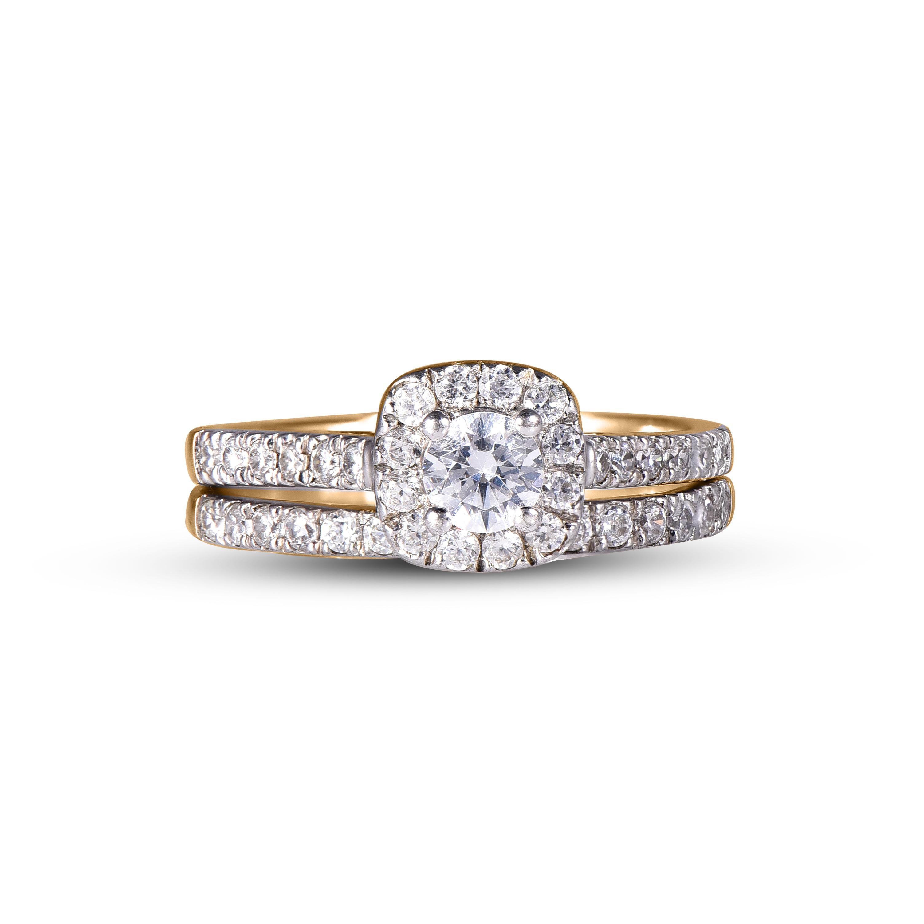 Round Cut TJD 1Carat Round Diamond 18 Karat Yellow Gold Halo Cushion Shape Bridal Set Ring For Sale