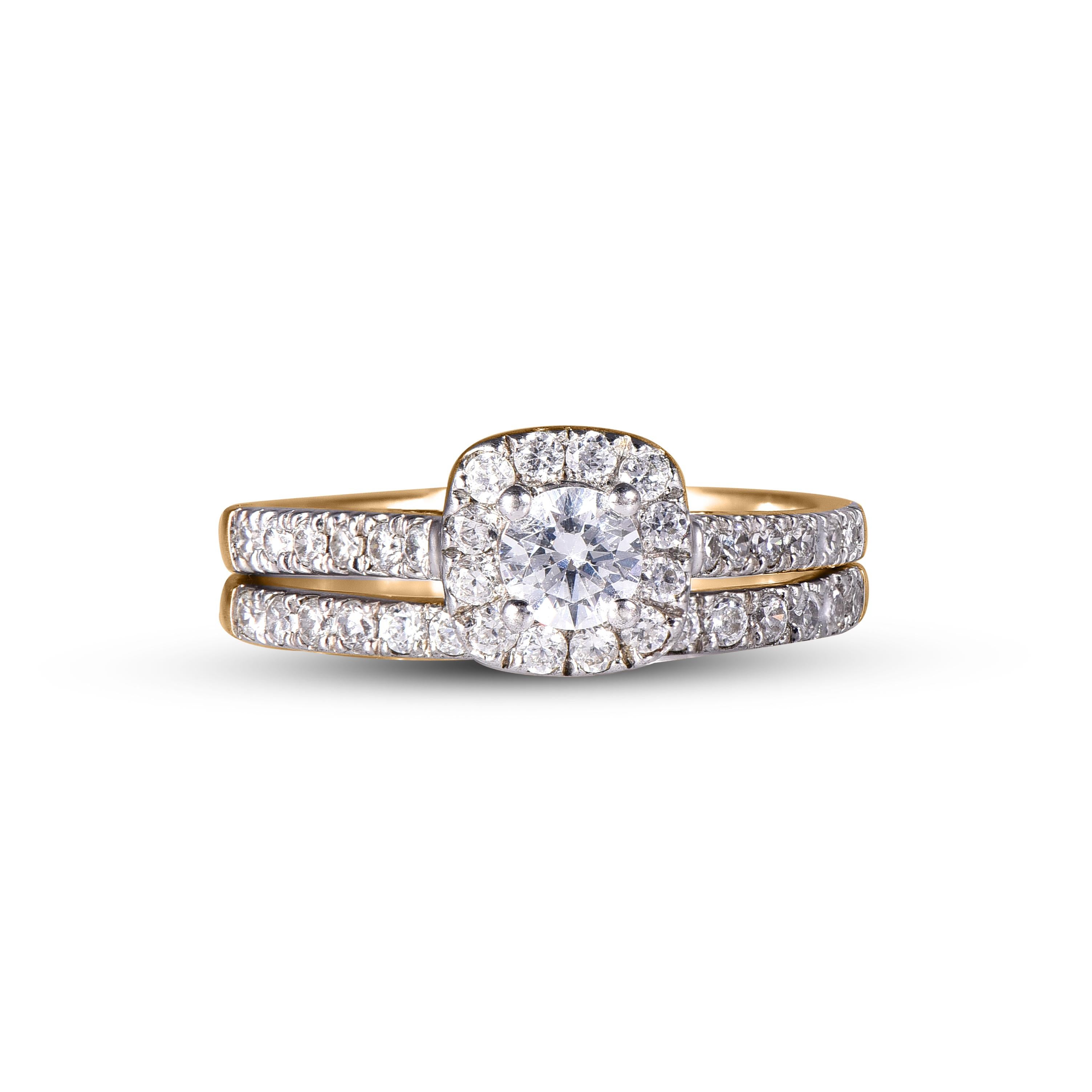Moderne TJD, bague de mariage en or jaune 18 carats avec diamants ronds de 1 carat et halo en forme de coussin en vente