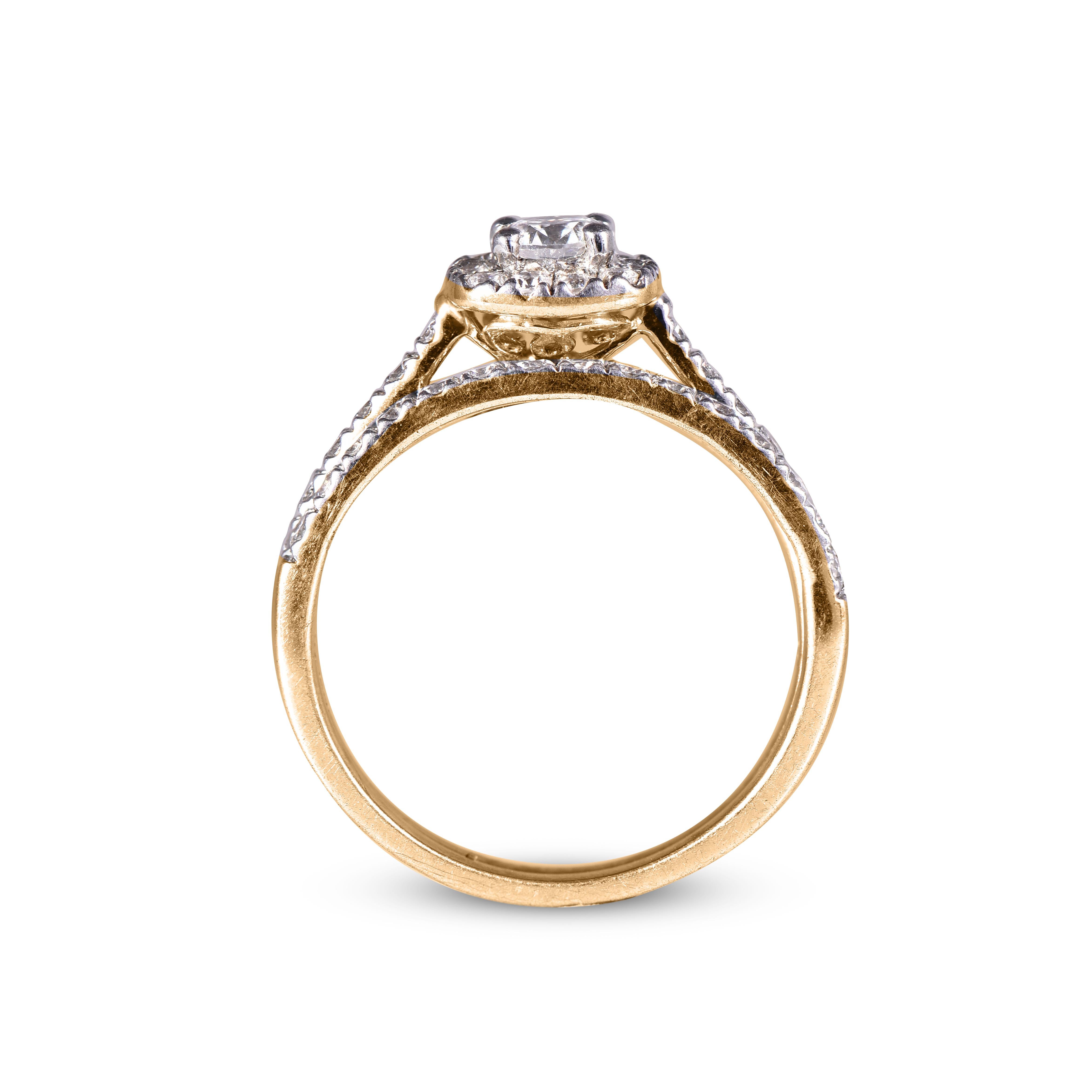 Taille ronde TJD, bague de mariage en or jaune 18 carats avec diamants ronds de 1 carat et halo en forme de coussin en vente
