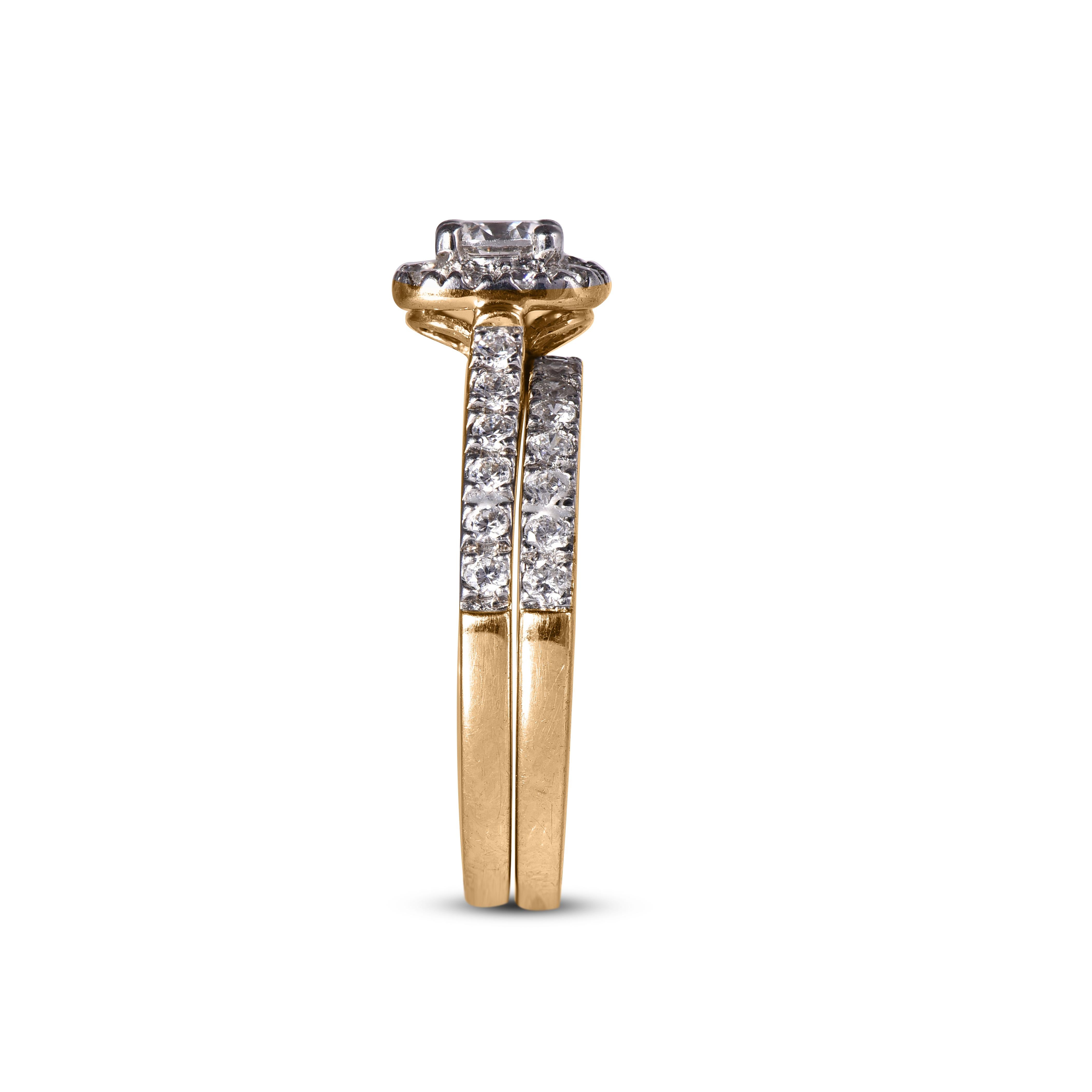 TJD, bague de mariage en or jaune 18 carats avec diamants ronds de 1 carat et halo en forme de coussin Neuf - En vente à New York, NY