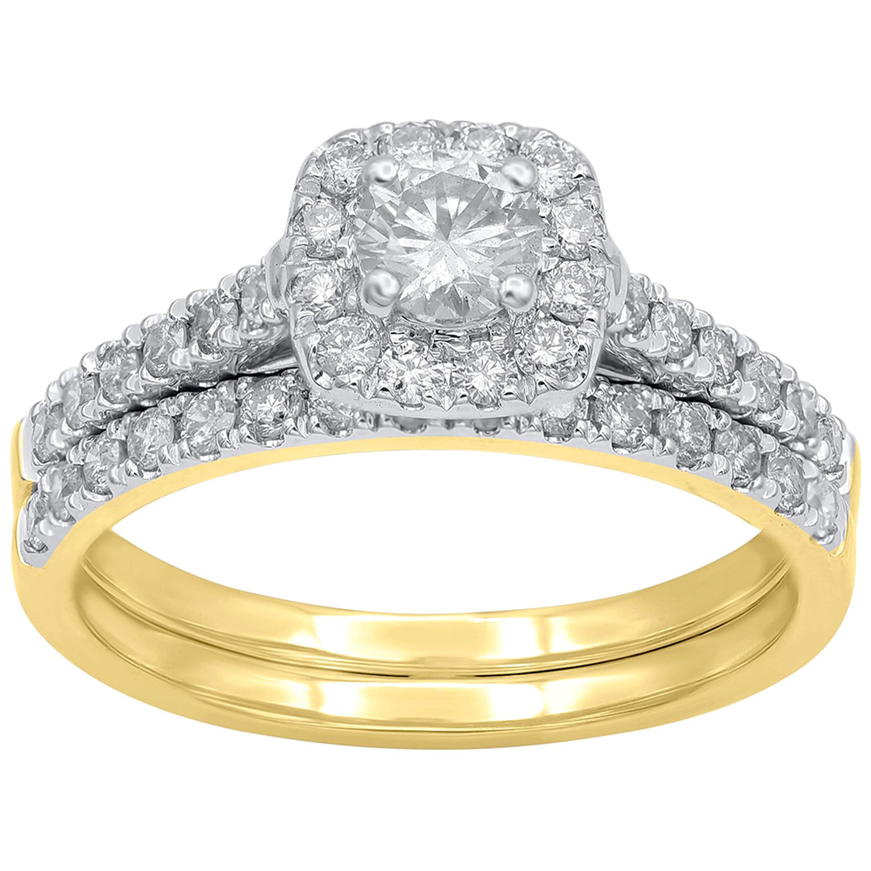 TJD, bague de mariage en or jaune 18 carats avec diamants ronds de 1 carat et halo en forme de coussin