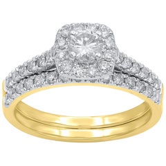 Used TJD 1Carat Round Diamond 18 Karat Yellow Gold Halo Cushion Shape Bridal Set Ring