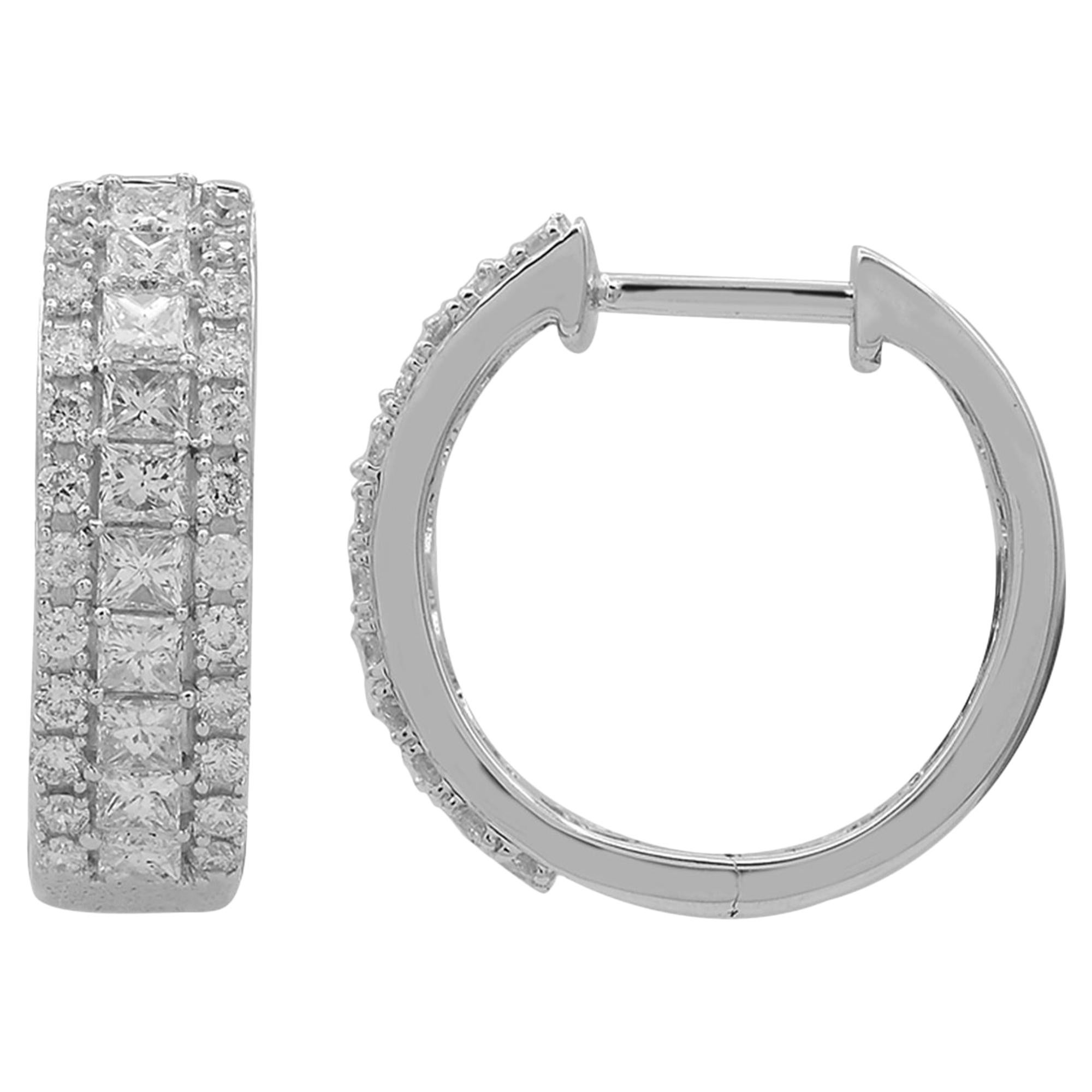 TJD 1Carat Round & Princess Cut Diamond 14K White Gold Triple Row Hoop Earrings For Sale