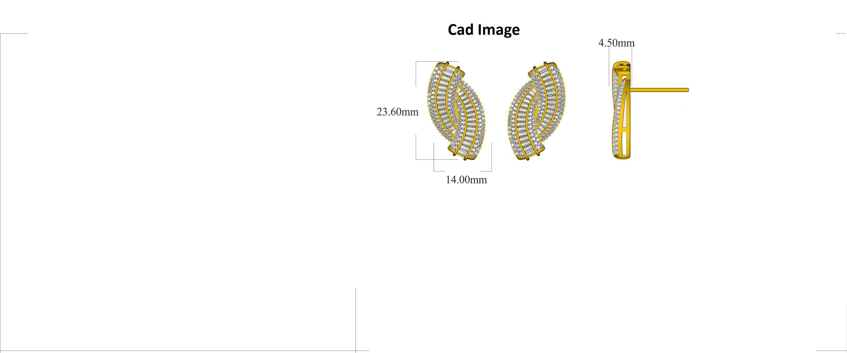 14 Karat Yellow Gold entangle Diamond Stud Earrings With 240 Round Brilliant and 56 baguette-cut Diamond drop earrings have 2.00 Carats of Round Brilliant set in pave and channel setting, H-I color I2 clarity. These sparkling stud earrings secure