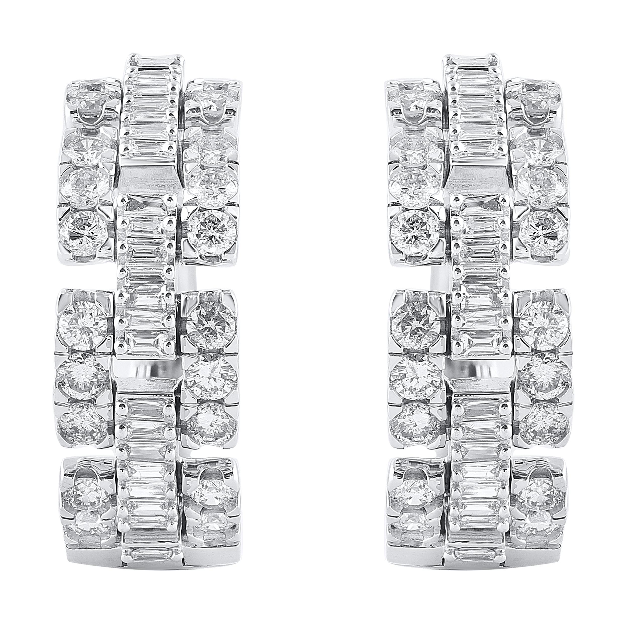 Classic and stylish diamond studded hoop earrings! perfect for daily wear. Crafted in 14K white gold with 86 Brilliant Cut & Baguette diamond in prong setting. These earring secure with hinged backs. The white diamonds are graded as H-I color and