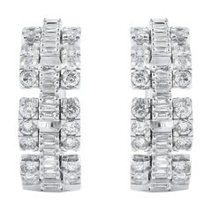 TJD 2.00 Carat Round and Baguette Diamond Huggie Hoop Earrings in 14K White Gold